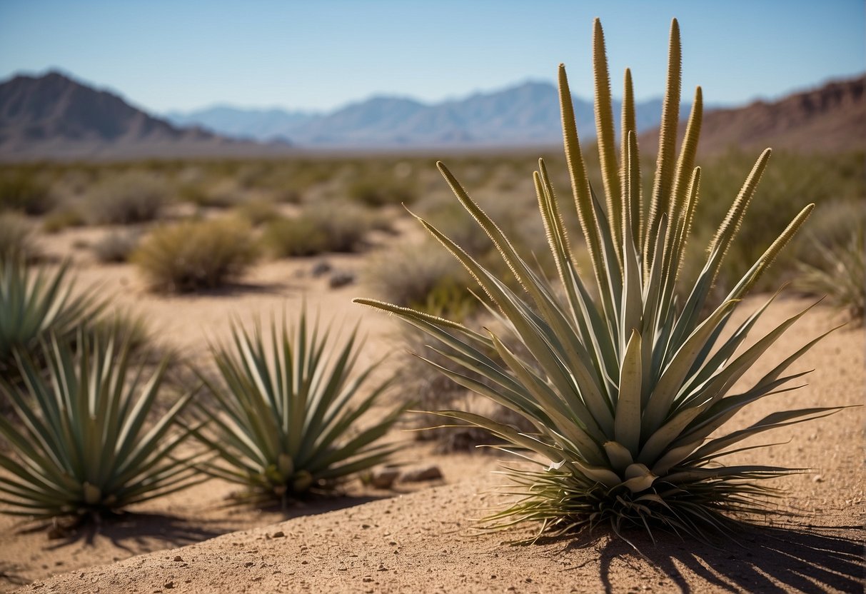 Yucca plants stand tall in the desert, their long, sword-like leaves reaching towards the sky. A small lizard basks in the sun near their base, while a group of birds flit around, seeking shelter in their dense foliage