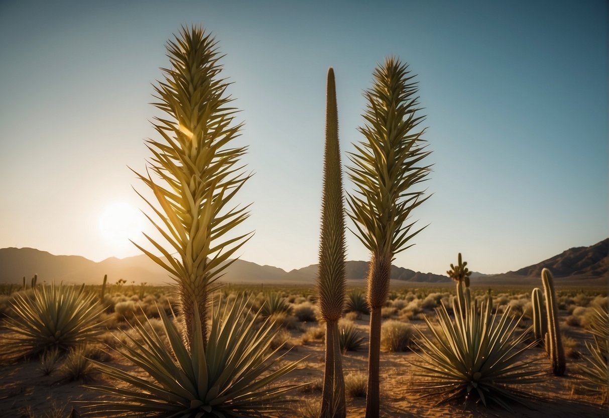 Yucca plants stand tall in a desert landscape, their long, sword-like leaves reaching towards the sky. The sun casts a warm glow on their spiky, green foliage, creating a striking and dramatic scene