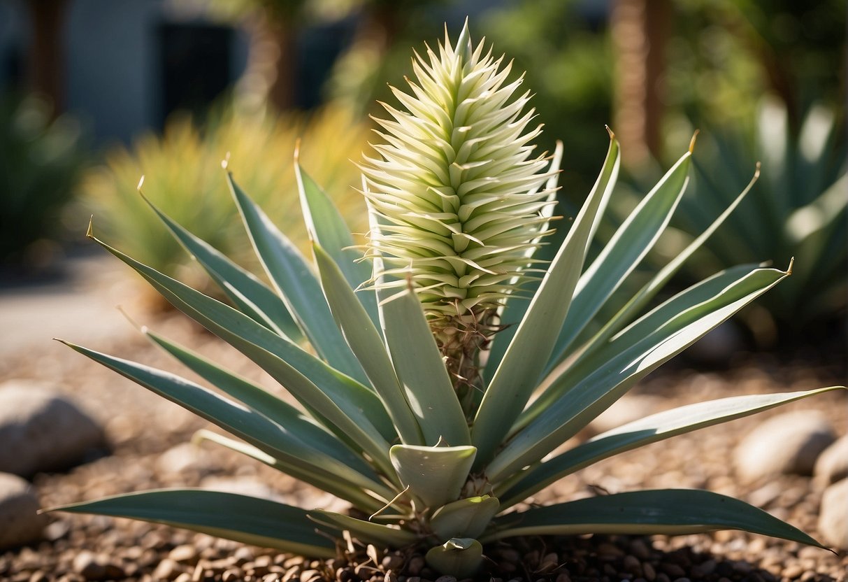 A yucca plant thrives in a sunny, well-drained area. Its long, sword-shaped leaves shoot up from the center, creating a striking focal point in the garden