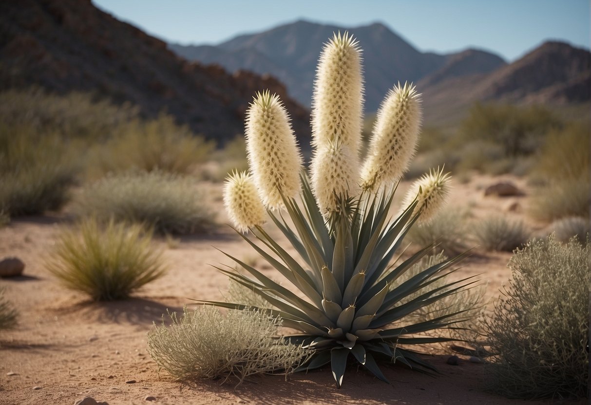 A yucca plant blooms in a desert landscape, surrounded by rocky terrain and sparse vegetation. The plant's tall, spiky flowers reach towards the sky, symbolizing growth and development in the harsh environment