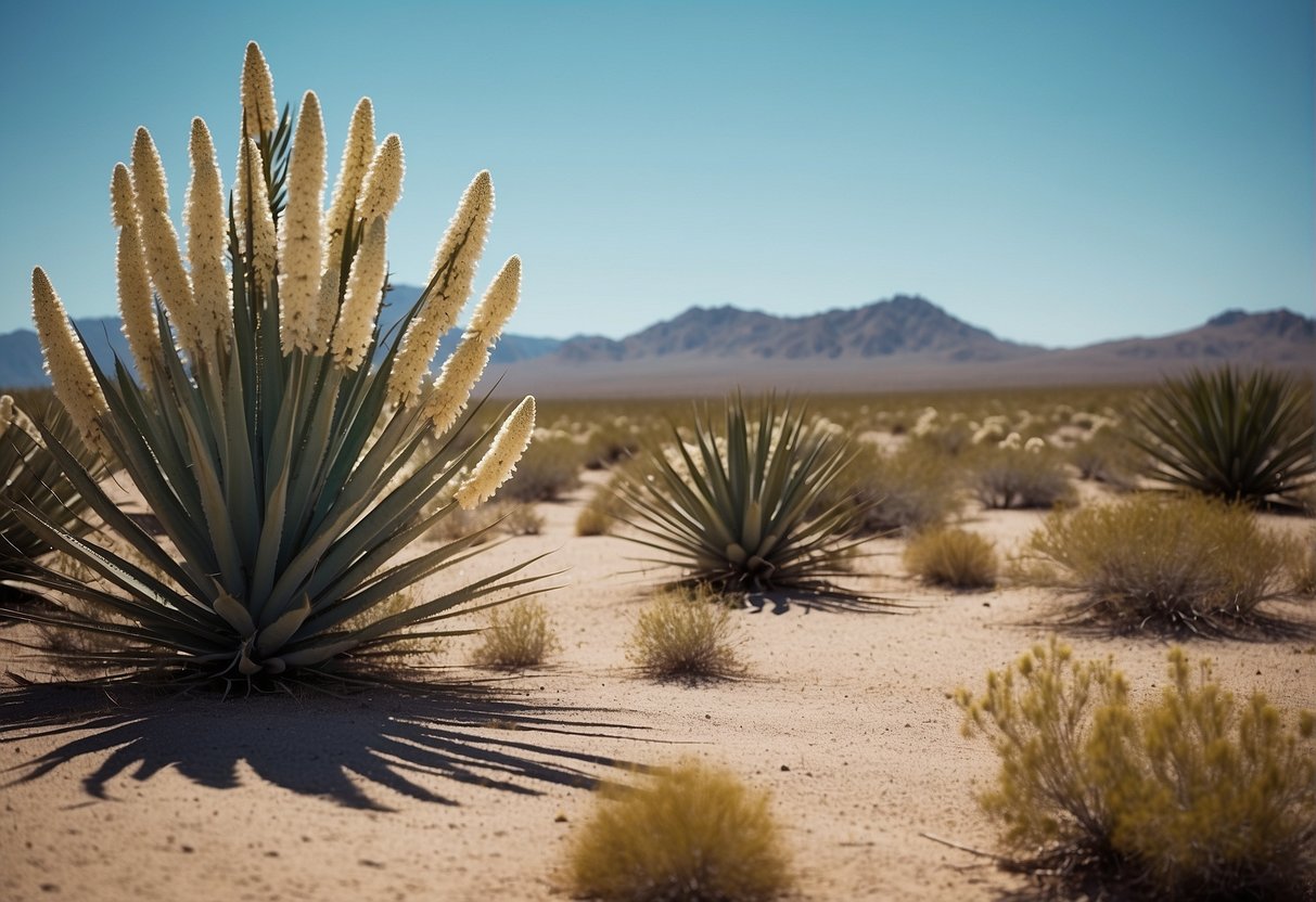 A desert landscape with yucca plants in full bloom under a clear blue sky