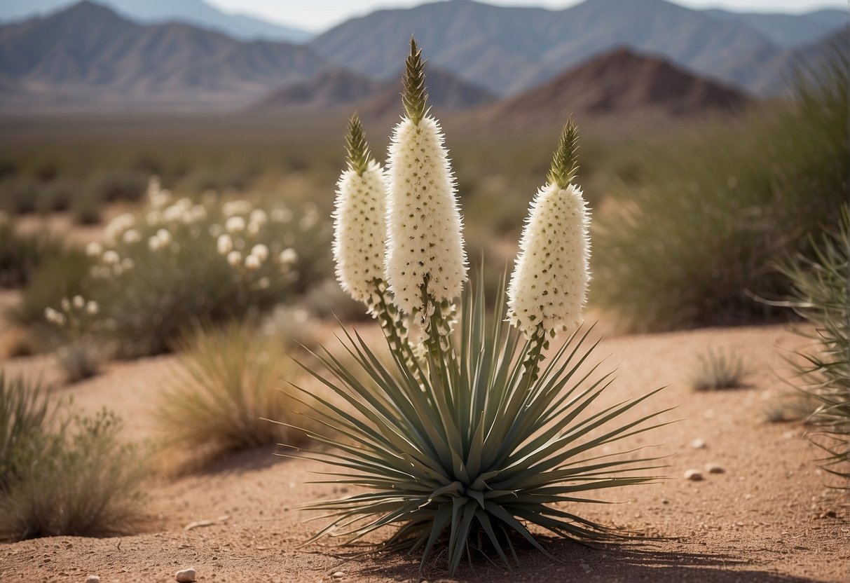 Yucca plant in bloom, with tall, spiky white flowers against a desert backdrop