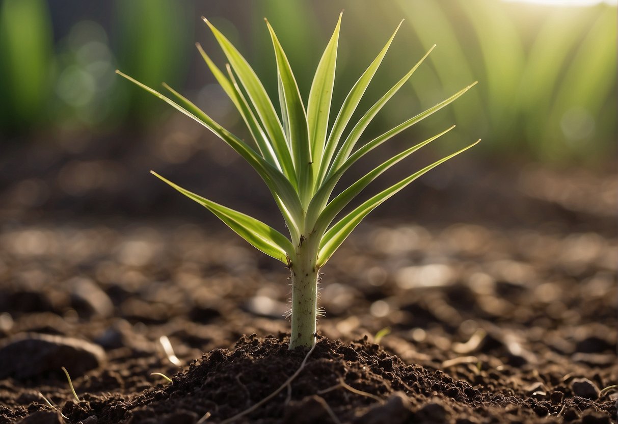 A yucca plant sprouts from the soil, its slender green leaves unfurling and reaching towards the sunlight. The plant grows steadily, its roots digging deeper into the earth as it thrives and maintains its health and beauty