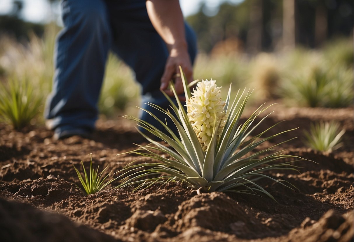 Yucca plants being dug up and lifted from the soil, roots exposed