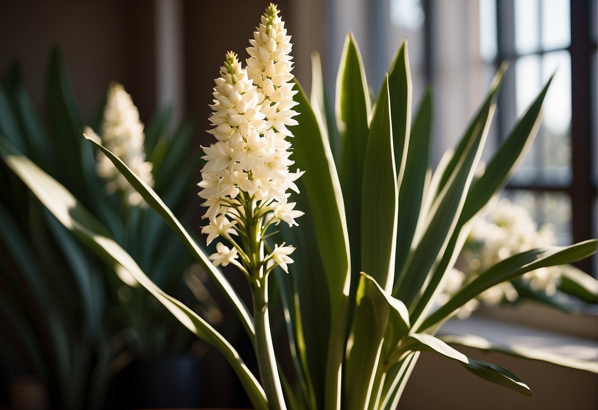 A yucca plant stands tall with long, sword-shaped leaves. Its thick trunk is topped with a cluster of white, bell-shaped flowers. Sunlight streams through the window, casting a warm glow on the plant