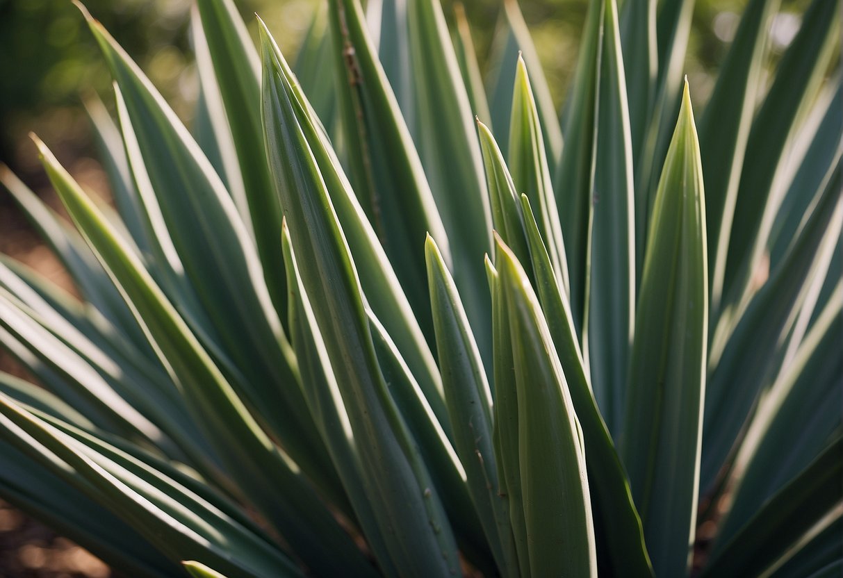Tall, spiky yucca plants with long, sword-like leaves. The leaves are green and pointed, growing in a rosette pattern from a central stem