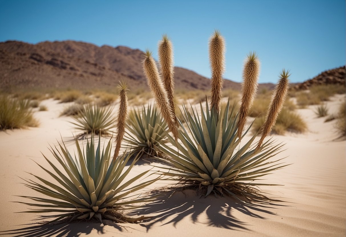 A desert landscape with tall, spiky yucca plants standing against a clear blue sky. Sand dunes and rocky outcrops in the background