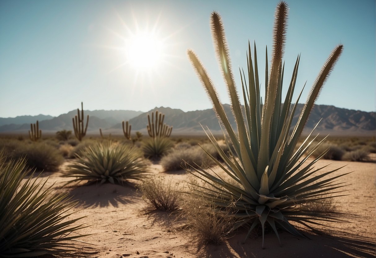 A desert landscape with yucca plants towering over the arid ground, their long, spiky leaves reaching towards the sky