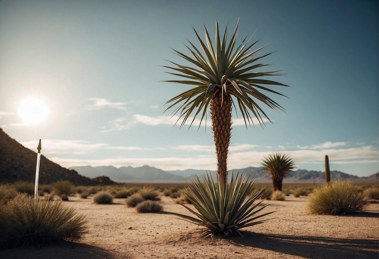 A mature yucca plant standing tall in a desert landscape, with its long, sword-shaped leaves reaching towards the sky