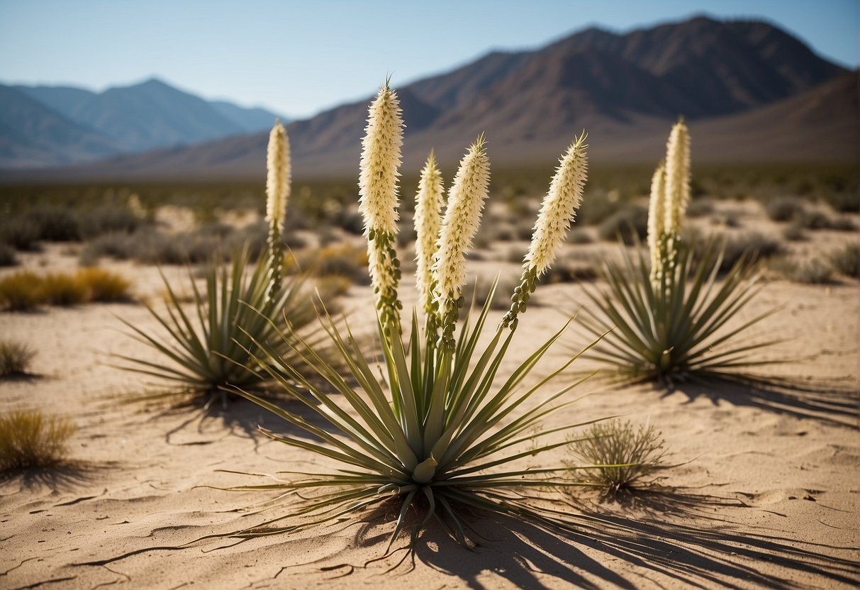 Thriving yucca plants in a desert landscape with sandy soil and sparse vegetation. Tall, sword-like leaves reaching towards the sun