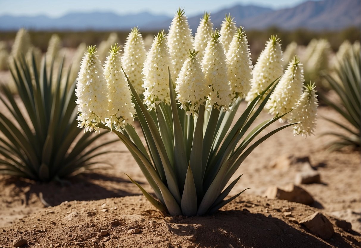 Yucca plants grow in well-drained soil, under full sun. They have long, sword-like leaves and produce tall, white flowers