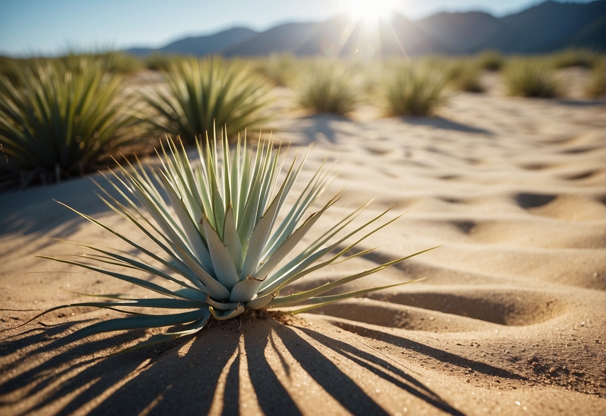 Sunlight filters through the clear blue sky onto the sandy soil. A yucca plant thrives, surrounded by well-draining, dry conditions