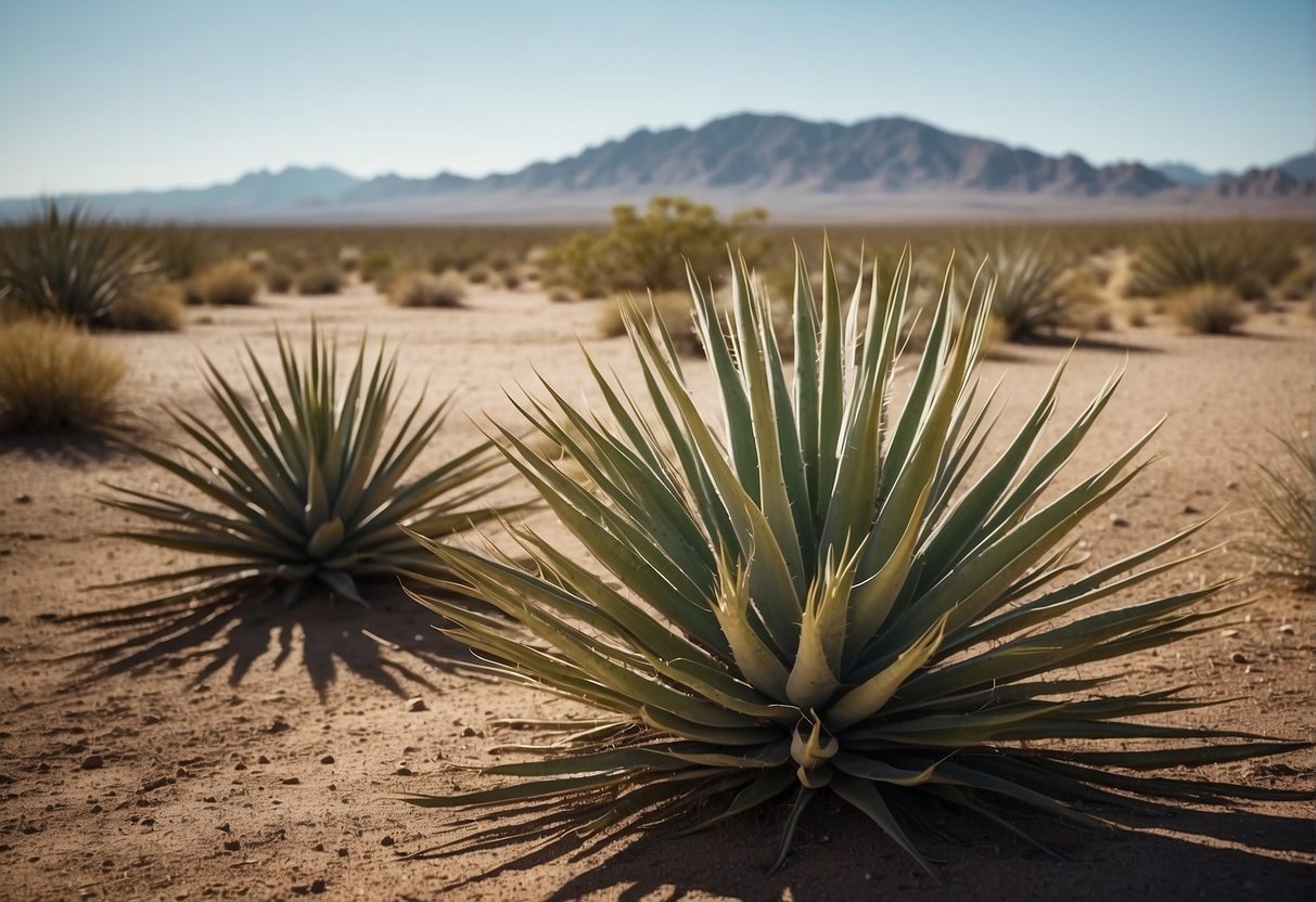 A sunny desert landscape with various yucca species in different stages of growth, surrounded by well-drained soil and receiving plenty of sunlight
