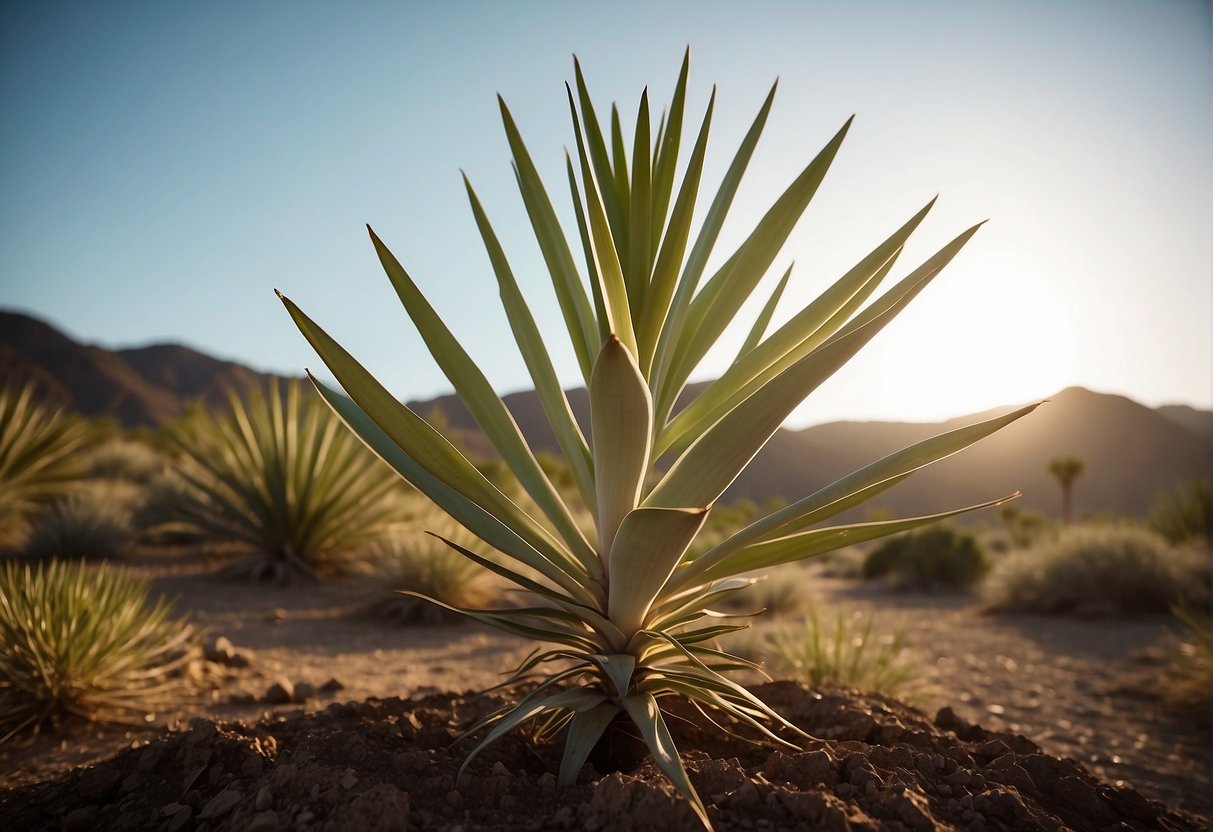 A mature yucca plant stands tall, reaching up to 30 feet in height with its long, sword-shaped leaves fanning out from a central stem. The plant is surrounded by well-tended soil and receives ample sunlight