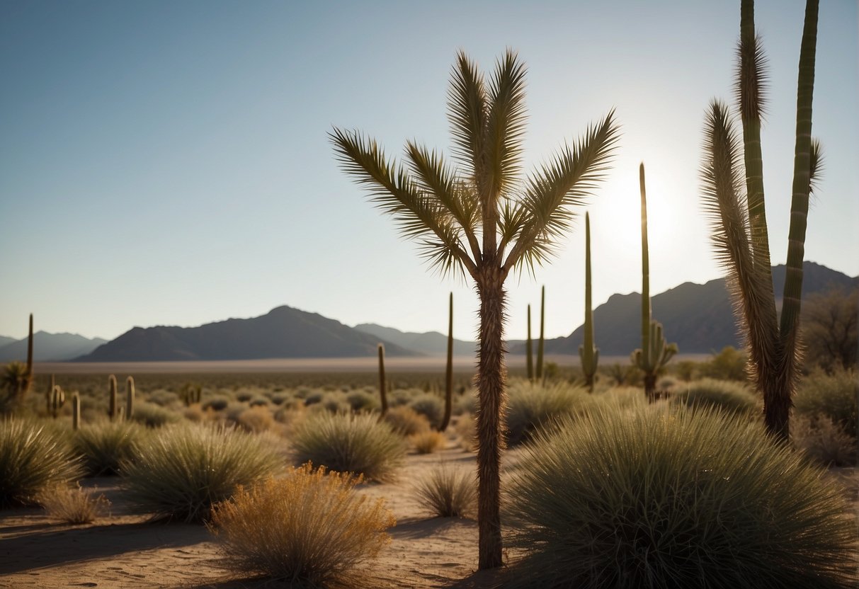 A sprawling desert landscape with tall yucca plants reaching towards the sky, their long, sword-shaped leaves creating a striking silhouette against the horizon
