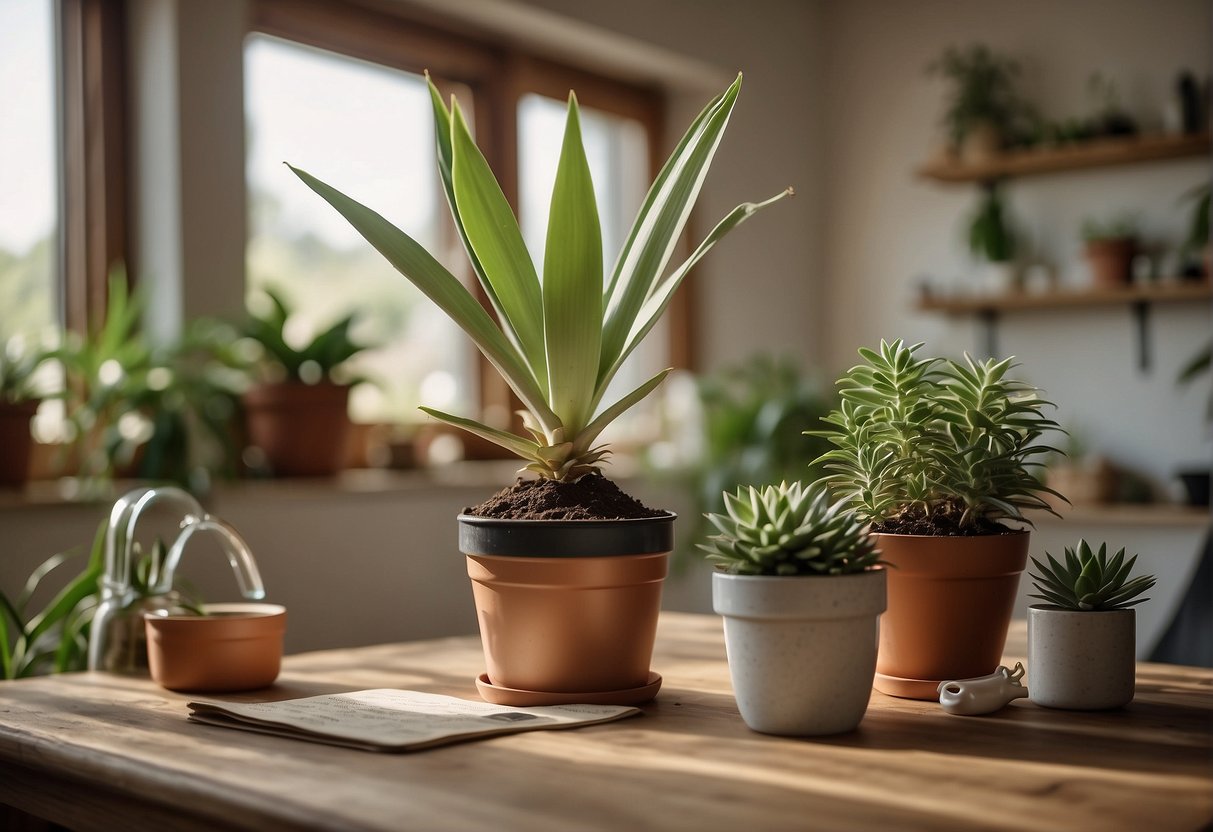 A yucca plant sits in a bright room, surrounded by plant care essentials like soil, fertilizer, and a watering can. A calendar on the wall marks the passage of time