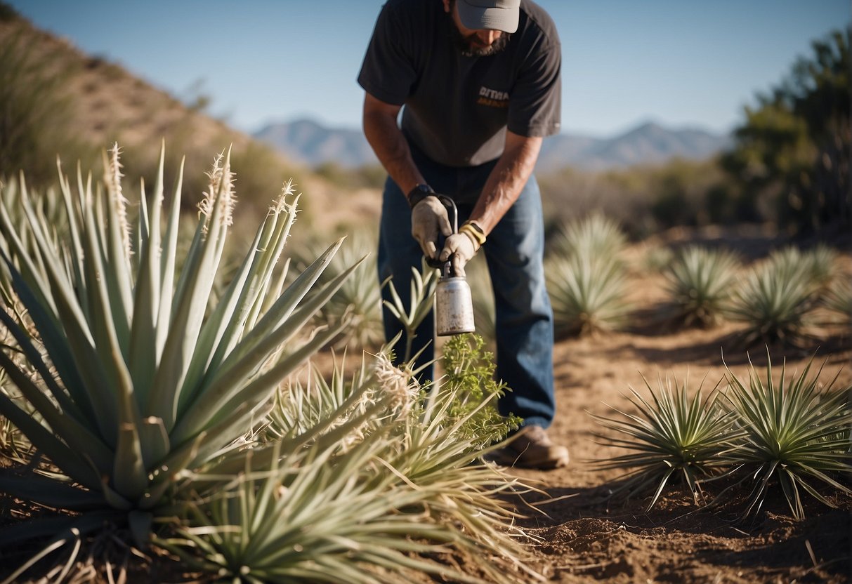 Spraying herbicide on yucca plants. Digging up and removing yucca roots. Cutting and disposing of yucca foliage