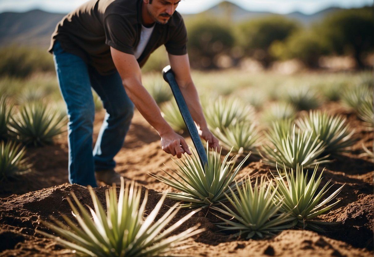 A person uses a shovel to dig up yucca plants from the ground
